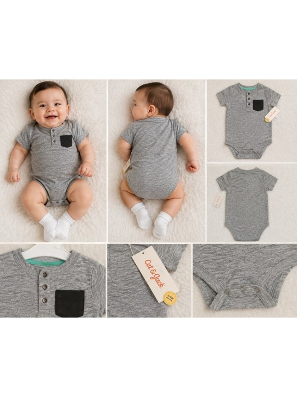 Cat & Jack Baby Boys Gray Henley Bodysuit Pocket 6-9M NWT